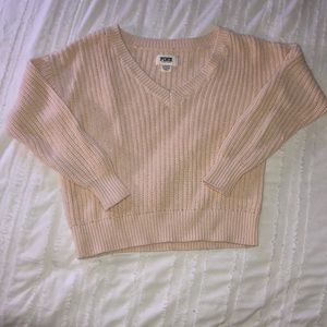 V Neck Cable Knit Sweater - PINK